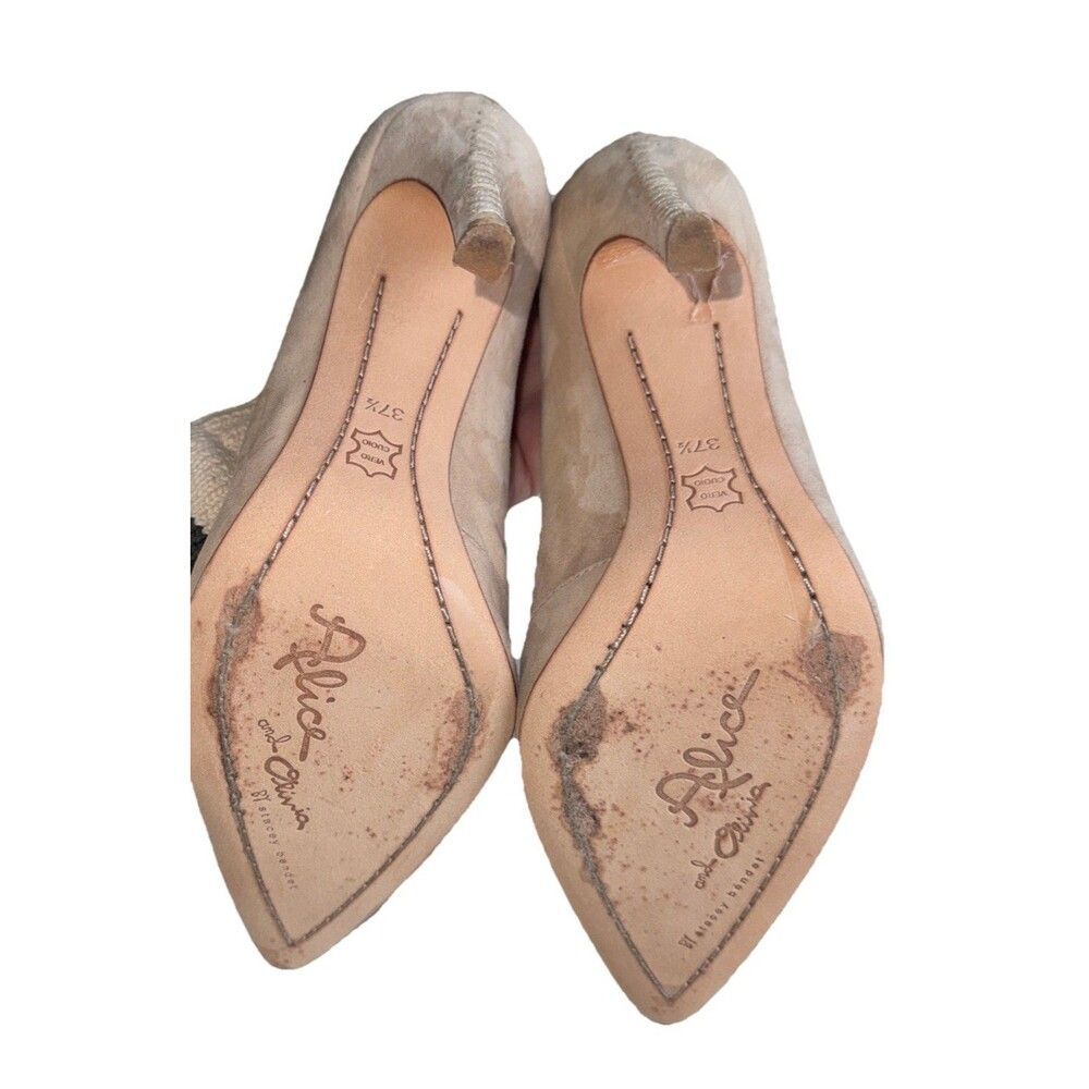 Alice + Olivia Dina 95 Heels 7.5 Nude Suede Pointed Toe Whipstitch - Picture 5 of 15